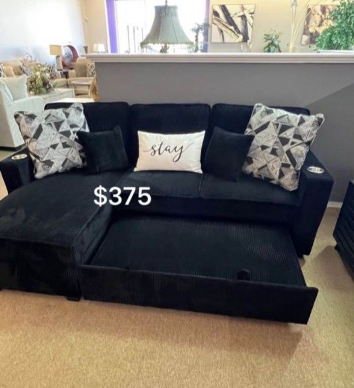 Black Sectional Sofa W Reversible Chaise, Pullout Bed, And USB Port