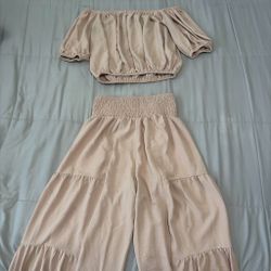 Summer set tan flowy pants and off the shoulder top