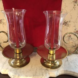 LOVELY PAIR OF BRASS 13” HURRICANE CANDLE HOLDERS MANTLE DECOR