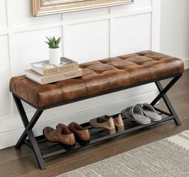 Tufted Leather Entryway Bench with Shoe Rack