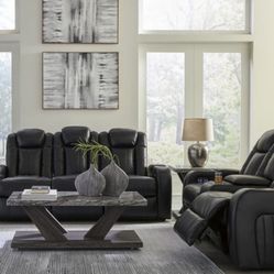 2 Piece Black Leather Power Reclining and Charging Loveseat and Sofa - Excellent Condition