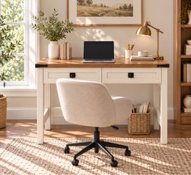 Farmhouse White Computer Desk with 2 Drawers