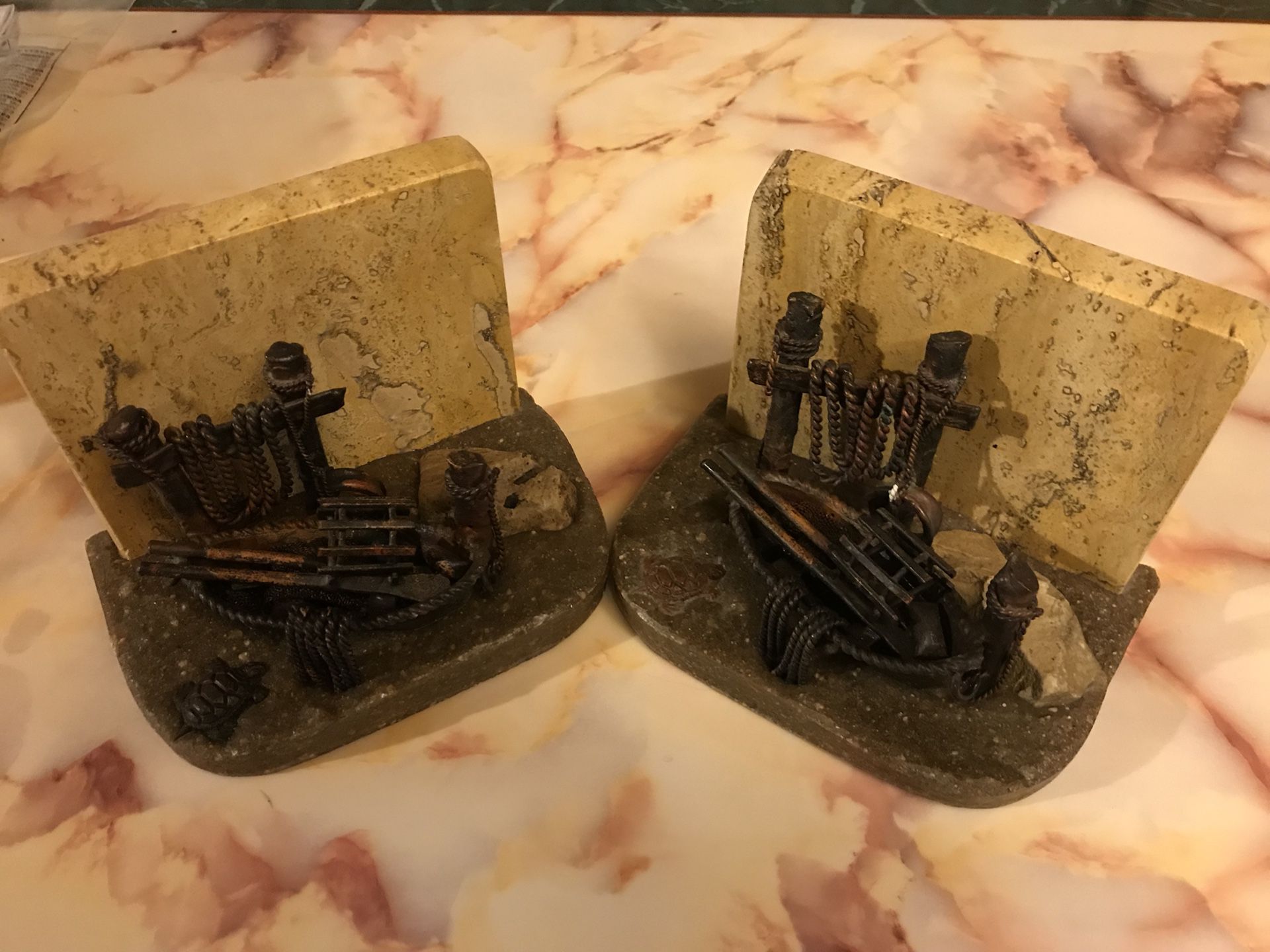 Pair of Mid Century Stone and Metal Bookends