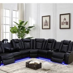Power Electric Black Leather Fully Reclinable Sectional Couch 