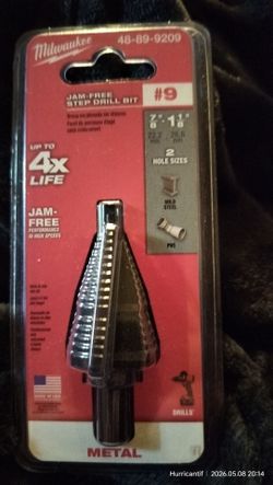 Milwaukee Jam-Free #9 Step Drill Bit designed for drilling 7/8 inch and 1-1/8 inch holes in metal and PVC