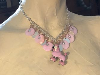 OOAK Necklace/Earrings Set~Pink Enamel Poodle Dog Pendant~Barbiecore~Coquette 