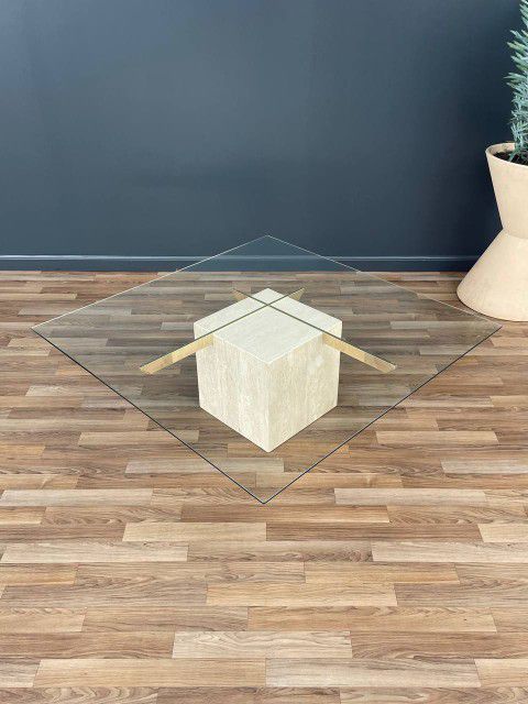 Mid-Century Modern Travertine Stone & Brass Coffee Table by Artedi, c.1970’s - Delivery Available