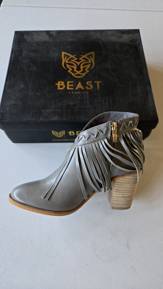Grey Faux Leather Fringe Heel Boots
