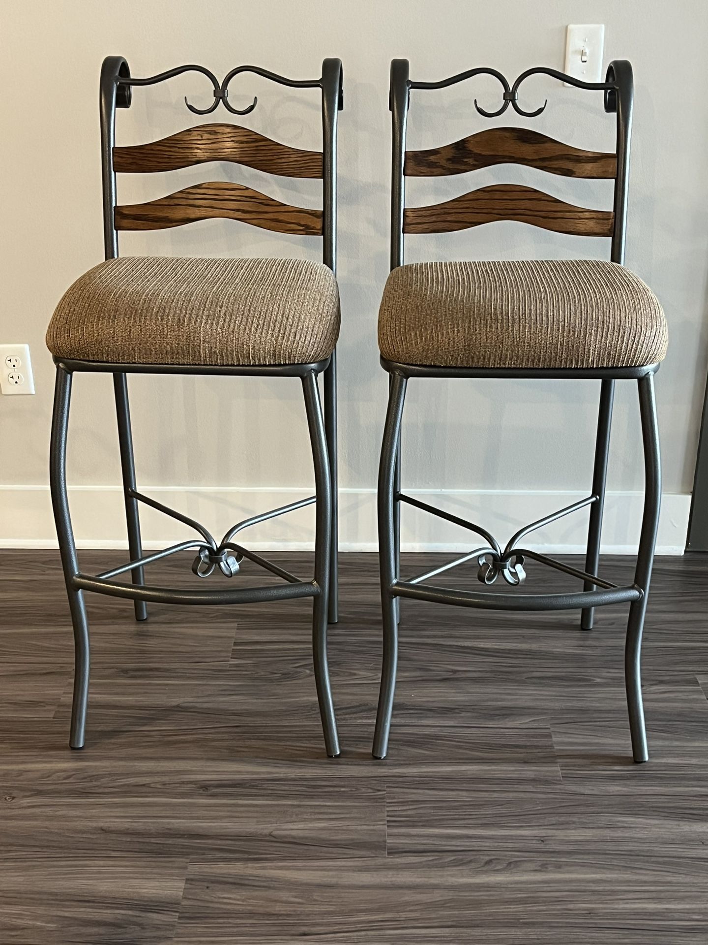 Two Bar Stools - Fabric Seats - Oak Slats 