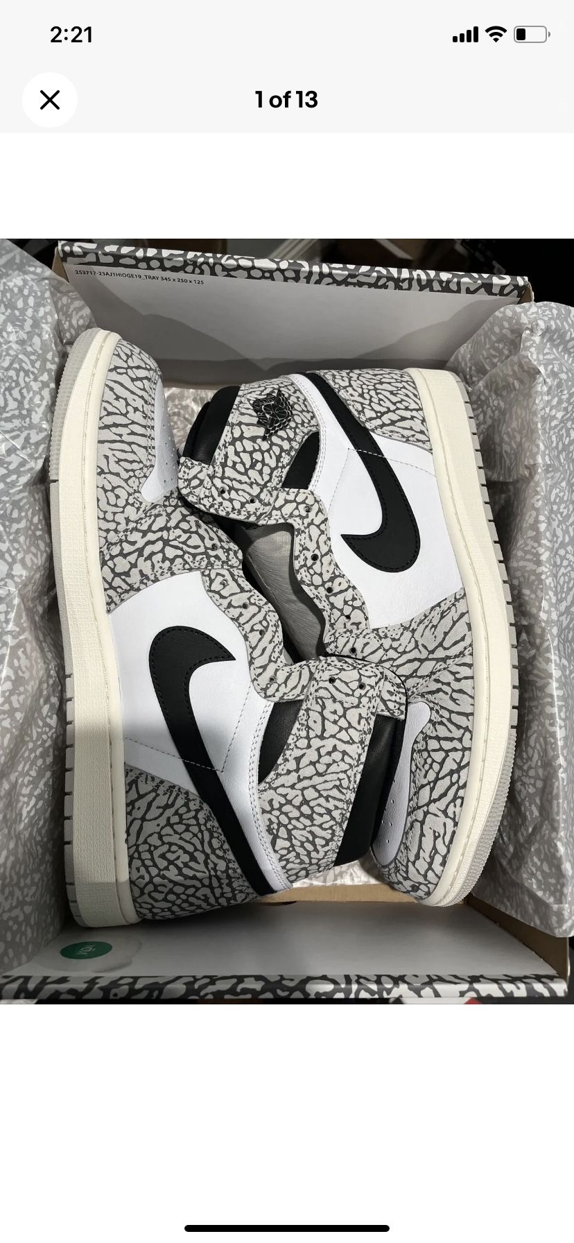 Nike Jordan 1 Retro High OG White Cement Size 11 Men's Shoes Elephant Print