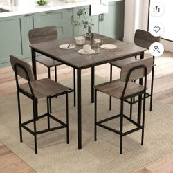  5-Piece Industrial Dining Table Set with Counter Height Table & 4 Bar Stools Grey