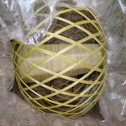 Vintage MCM 1960s Danish Teak Wicker Bamboo UFO Swag Lamp Electric Chain Plug