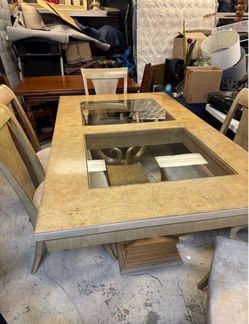 Burl Wood Dining Table with Glass Insert and 6 Chairs