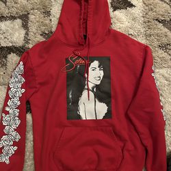 women’s SELENA red pullover hoodie with selena print and roses down the arm 
