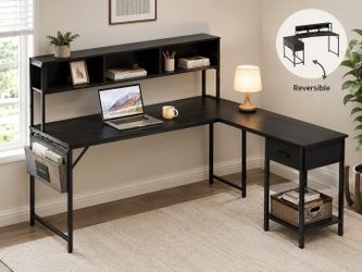 Modern Reversible L-Shaped Desk with Storage Shelf