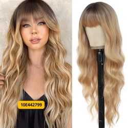 26" Dark Blonde Wavy Synthetic Wig Long Bangs Fashion Hair Wig #10E442799