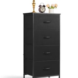 Nightstand, 4 Drawer Dresser End Table Bedside Furniture with Wooden Top Steel Frame Fabric Bins