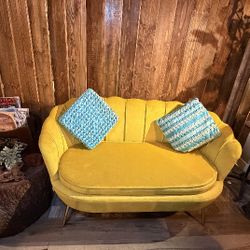 Armchair Velvet Yellow Two Seater Shell. Lounger Chair With Gold legs 