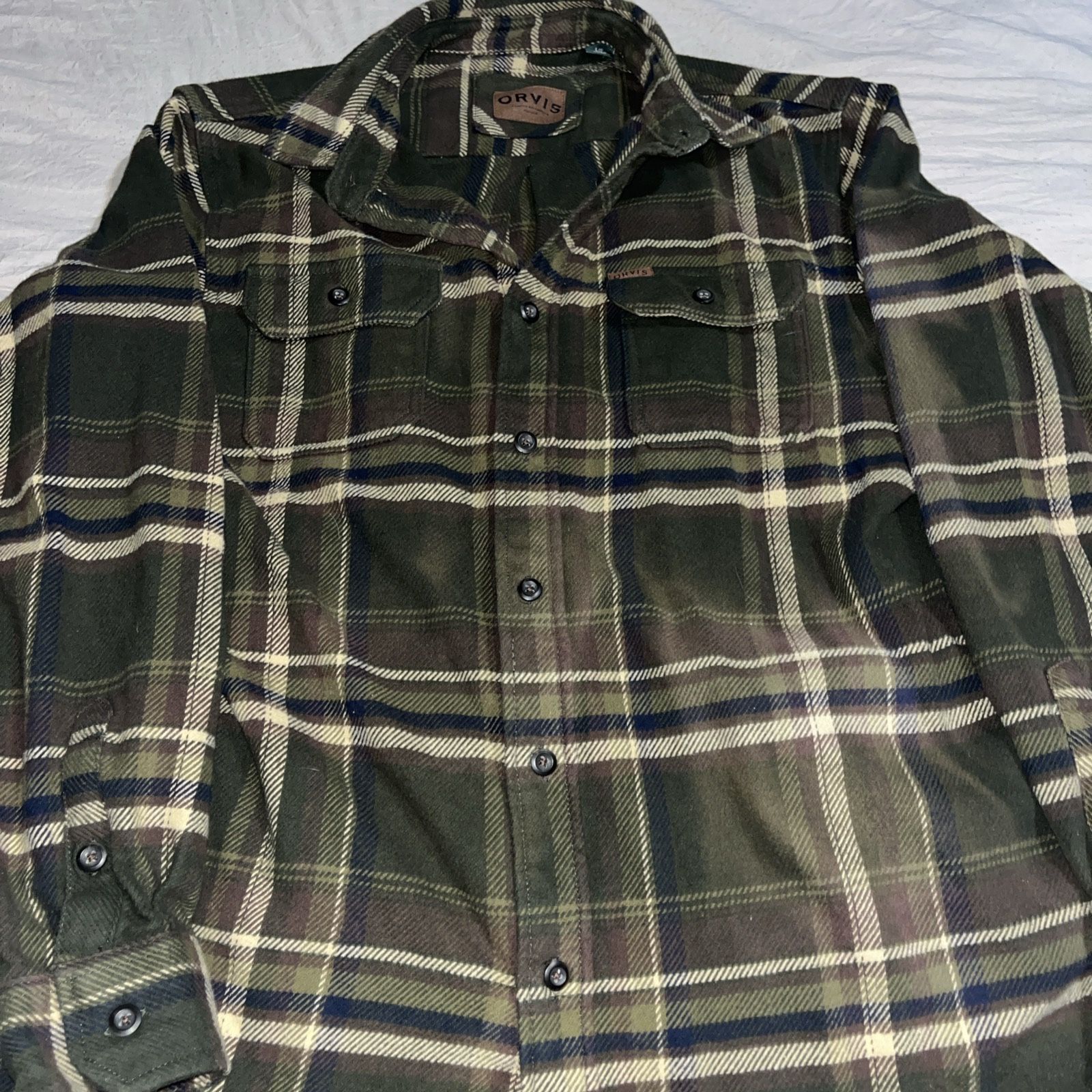 Orvis Flannel Shacket Shirt Mens L Olive Plaid Heavyweight Outdoor Workwear $20