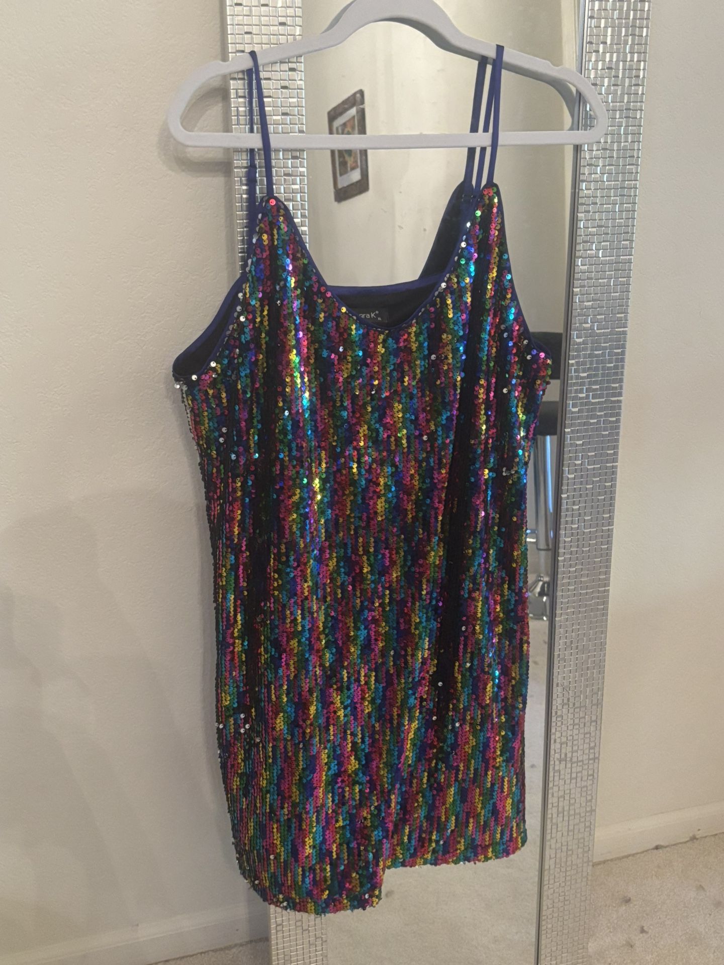 XL Allegra K Women's Glitter Rainbow Sequin Mini Cocktail Dress Spaghetti Strap V Neck