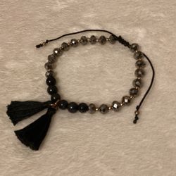 Silver Crystal & Black Beaded Adjustable Bracelet With Tassel Charm