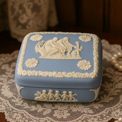 Wedgwood England 1960s Blue Jasperware Trinket Box Sacrifice Scene, 3.75x1.5”
