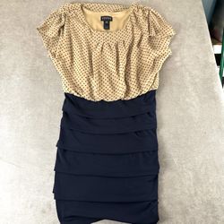 Enfocus Petite Polka Dot Tiered Dress Size 14P Tan Black Knee Length