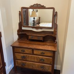 Antique Wood Dresser With Mirror