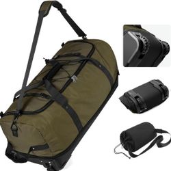 Vomgomfom 32" Soft-Sided Foldable Wheeled Travel Duffel Bag,Expandable 110L to 140L Rolling Cargo Bag with 2 Wheels and Multiple Pockets,Army Green