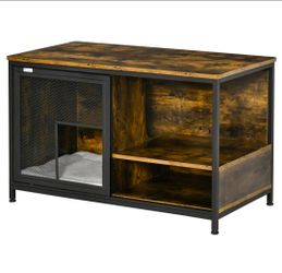 Wooden Cat Crate Furniture Style~End Table~Dog Cage~NEW~Pet House w Cushion~Sliding Doors~Rustic Brown~40x21x25"
