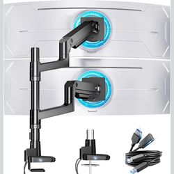 ARES WING Dual Monitor Arm for Ultrawide Heavy Duty Curved Monitor Stacking, Fits 17-49 Inch, Vertical Gas Spring Double Monitor Stand with USB, Adjus