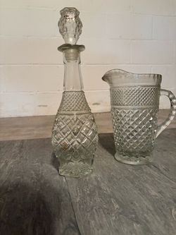 Vintage Anchor Hocking Wexford Diamond Cut Glass Decanter w/ stopper and Pitcher Set