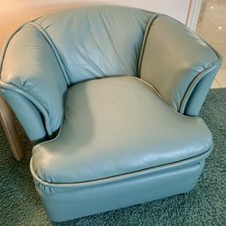Pair of Mint Leather Chairs & Matching Ottoman 