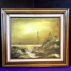 30% Off SALE Oil Painting of Seascape with a docked Boat and Seagulls, Signed, Wood-framed