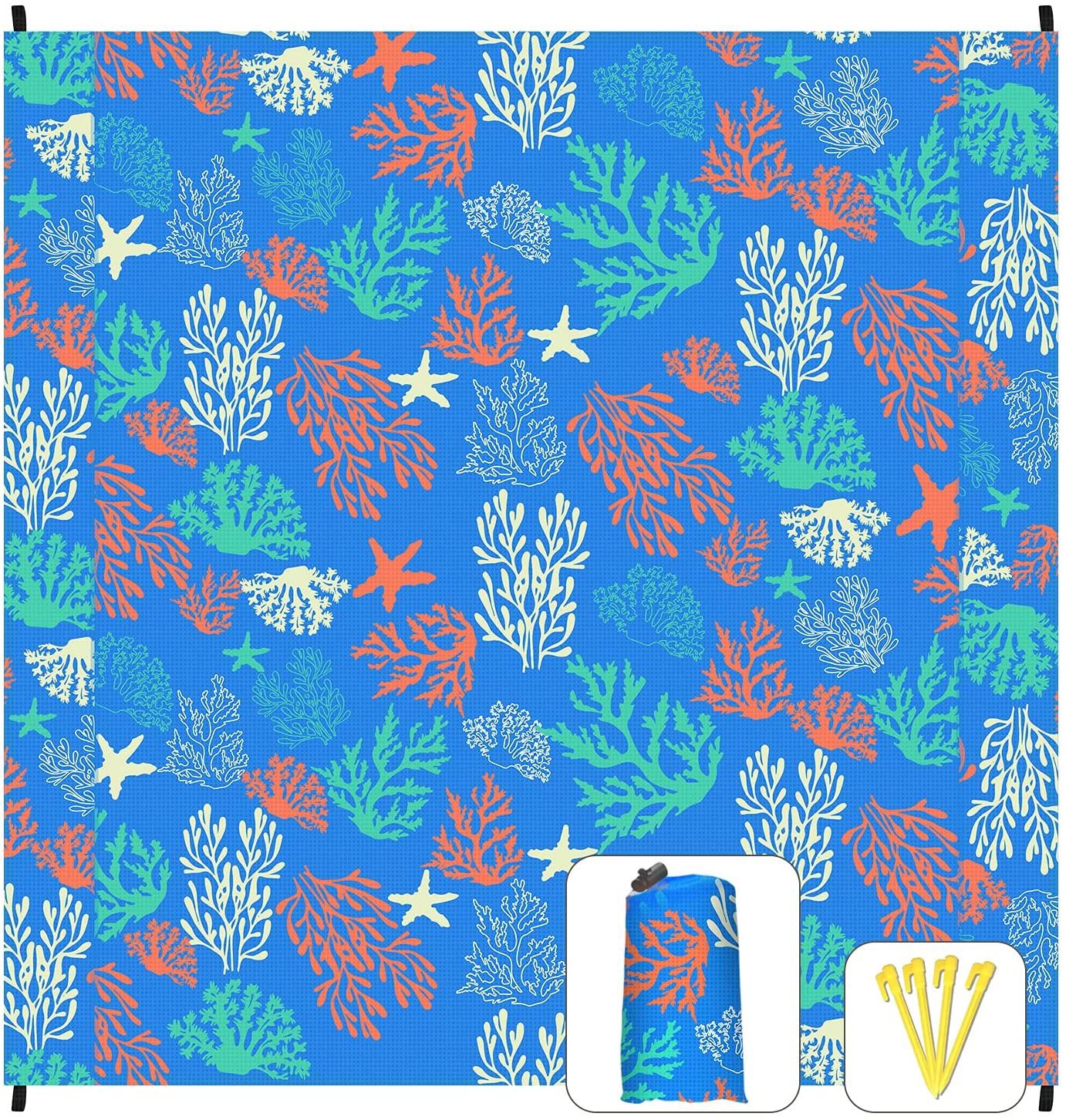 Beach Blanket, 68"x71" Oversized Sandproof Beach Mat for 8-10 Adults, Waterproof Picnic Blanket, Portable Picnic Mat with 4 Anchors for Beach Festival