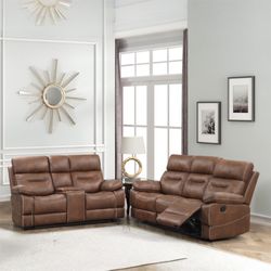 2 Piece Brown Reclining Sofa Set ( Loveseat with Console & 2 Cup Holders & a Storage) 