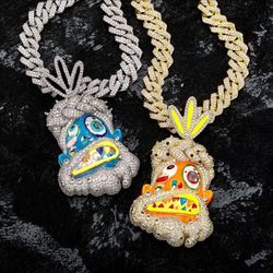 HIP HOP ICYD OUT 🧊 3D ENAMEL CARTOON PENDENT CUBIC ZIRCONIA DIAMOND 💎  FREE ROPE CHAIN 