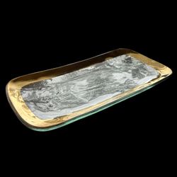 ROMAN ANTIQUE RECTANGULAR TRAY - 24kt Gold Trim Oblong Thick Glass Serving Dish 4.5 x 9”
