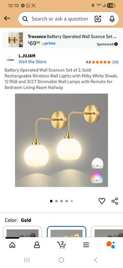 Battery Operated Wall Sconces Set of 2, Gold Rechargeable Wireless Wall Lights with Milky White Shade, 12 RGB and 3CCT Dimmable Wall Lamps with Remote