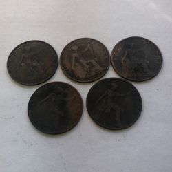 5 UK Great Britain British one penny lot of Queen Victoria & George V coins. 1898, 1900, 1917, 1818 & 1920. nice bronz coins