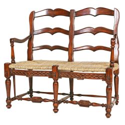 French Provincial Brown Oak Finish Ladderback Settee 
