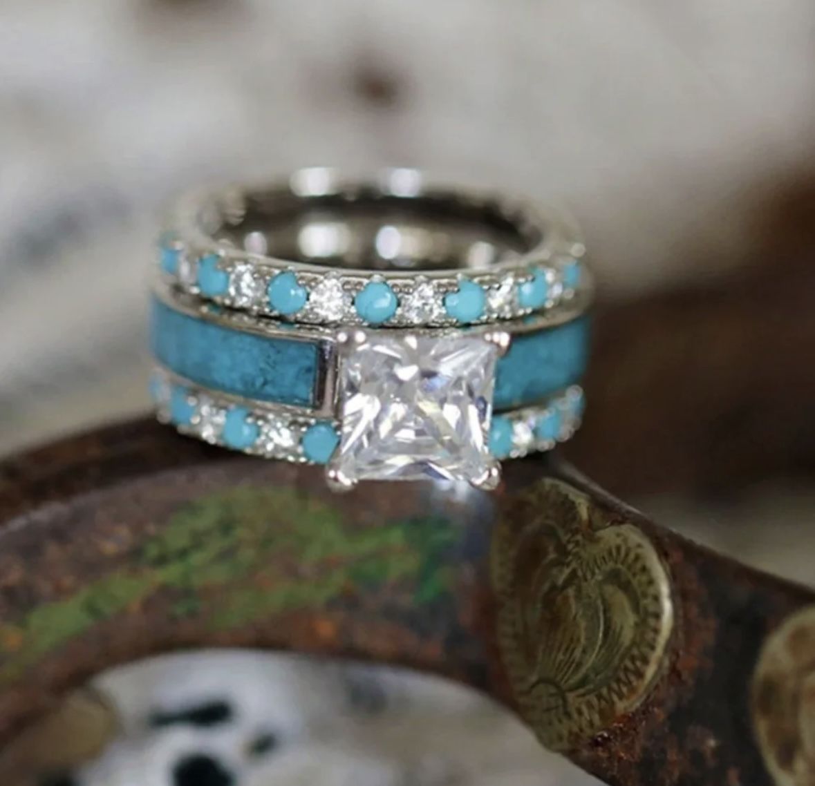 R260- 3 Pcs Set Luxury Turquoise Stone Ring!