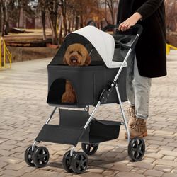 4 Wheel Foldable Dog Pet Stroller with Detachable Storage Basket, Black