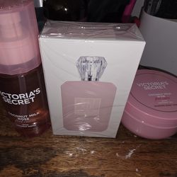 Viral Perfume Elixar Fluff and Victororia Secret Coconut Milk Hair and body spray and  body scrub.