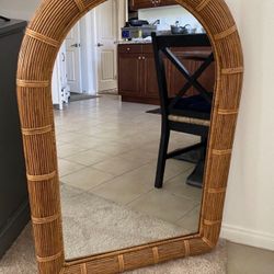 Boho Vintage Organic Mid- Century Modern Rattan Wicker Arched Mirror