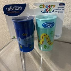 Dr. Brown's Milestones Cheers 360 Spoutless Transition Cup, Travel Friendly and Leak Free Sippy for Babies and Toddlers, Blue/Green Animals, BPA-Free,