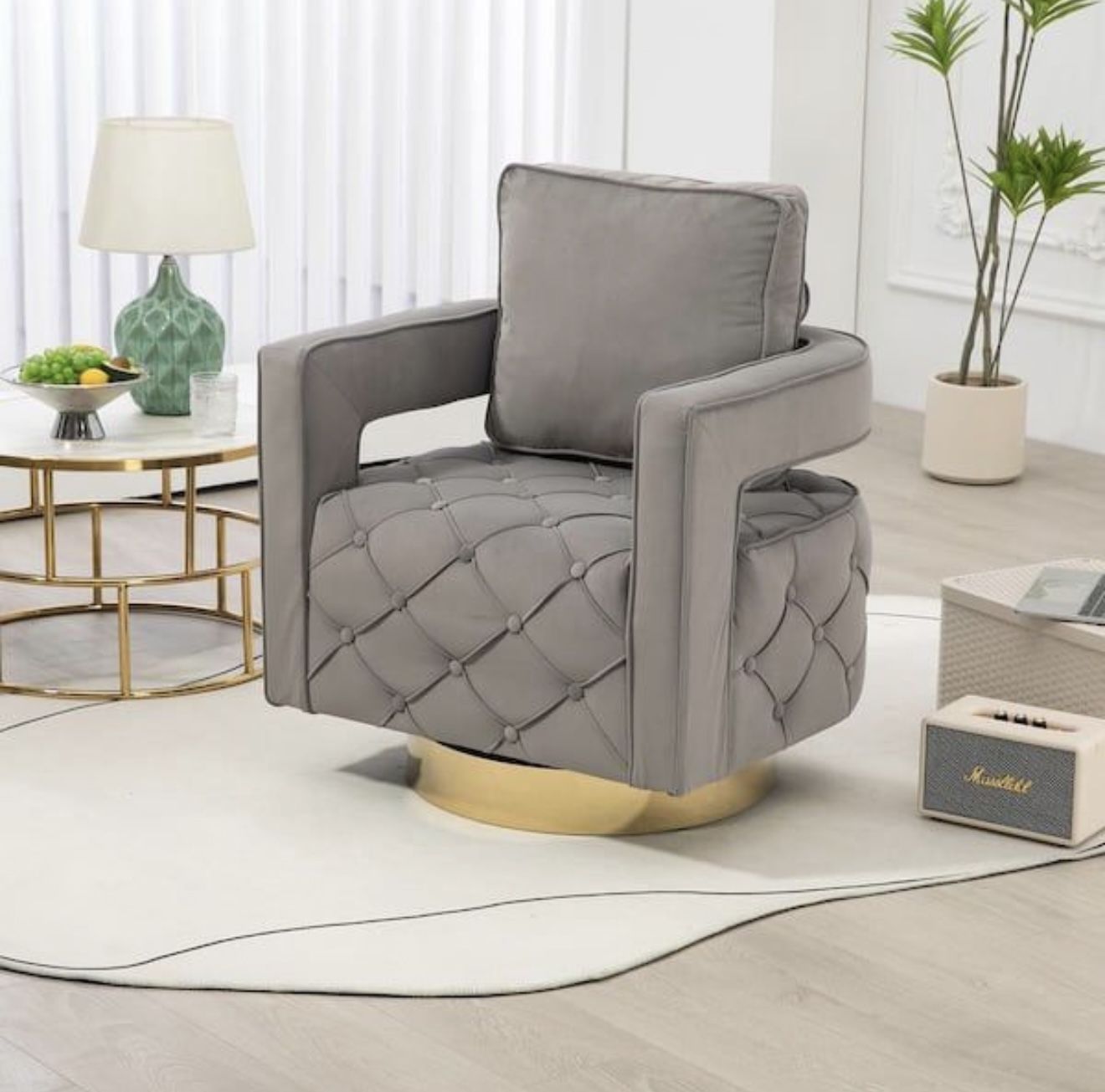 NEW Gray Modern Gray Velvet Swivel Upholstered Barrel Accent Chair with Golden Base