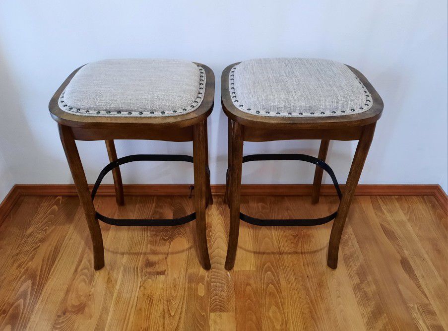 Pair Of Barstools With Wooden Base And Fabric Seat 
