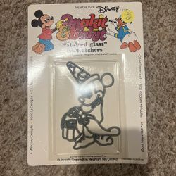 Makit & Bakit Disney Mickey Mouse Sorcerer Sun Catcher Frame Vintage Metal. Corners are bent. Cardboard is discolored 