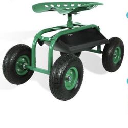 Green Steel Rolling Garden Cart with 360-Degree Swivel Seat and Tray